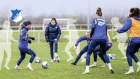 Spielerinnen der TSG 1899 Hoffenheim trainieren auf einem Fußballfeld unter Anleitung ihrer Trainerin.