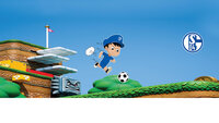 Comic-Fußballspieler im Schalke-Outfit springt in Super-Mario-Welt über einen Fußball.