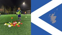 Kindertraining auf einem beleuchteten Kunstrasenplatz mit Hütchenübungen in Schottland.