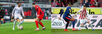 Zweiteilige Collage mit zwei Fußball-Szenen, in denen ein Angreifer am Ball jeweils im Eins-gegen-eins einen Verteidiger ausdribbelt.
