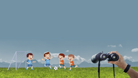 Illustration von Kindern, die Fußball spielen, mit einem Fernglas im Vordergrund.