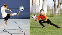 Collage: Ein Junge schießt in der Halle auf das Tor, ein junger Torwart hält den Ball auf dem Rasenplatz fest.