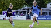 Frauenfußball-Team beim Training auf dem Rasenplatz mit Ball und Trainingsleibchen.