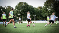 Frauenfußballmannschaft trainiert auf dem Rasenplatz mit Ball und Leibchen