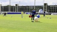 Torwarttraining beim FC Schalke 04 auf dem Trainingsplatz mit Koordinationsbällen, Hütchen und mehreren Bällen.