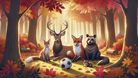Eine liebevolle Illustration von Waldtieren wie Hirsch und Fuchs mit einem Fußball im Herbst.